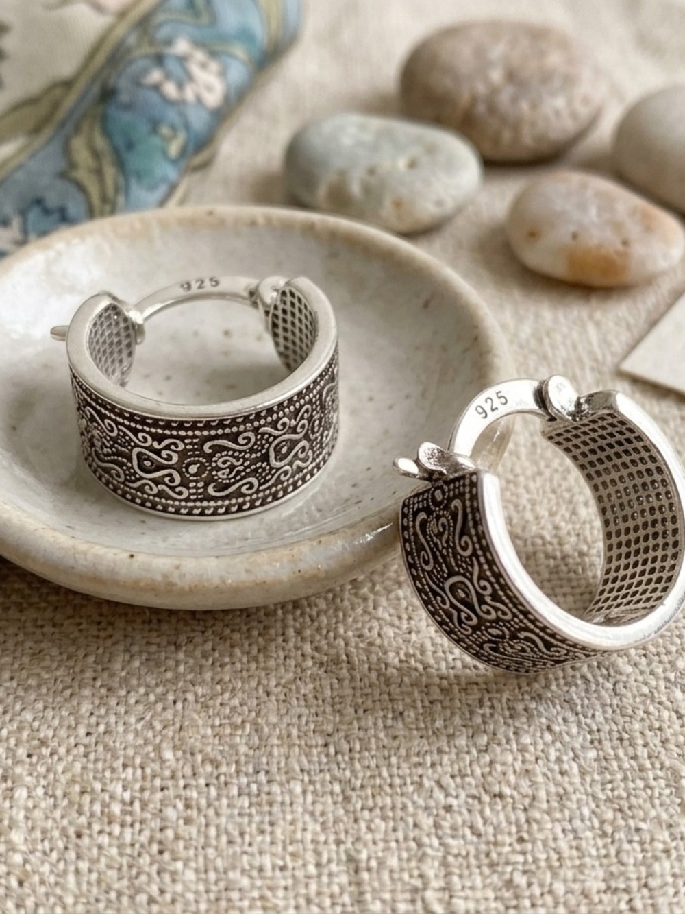 925 Men's Silver Patterned Hoop Earring